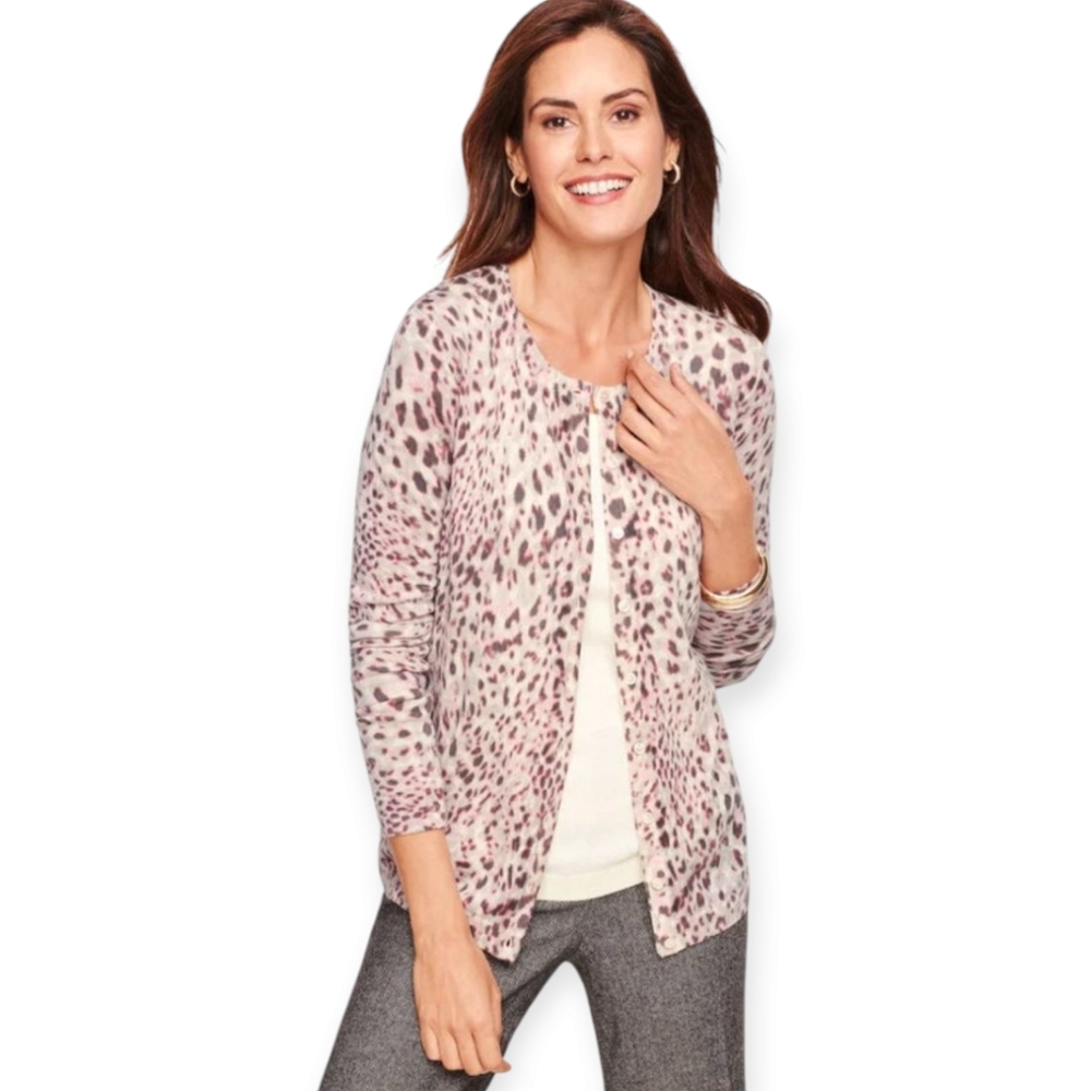 NWOT Talbots pink white animal print Merino wool cardigan sweater Womens Large - Picture 3 of 9
